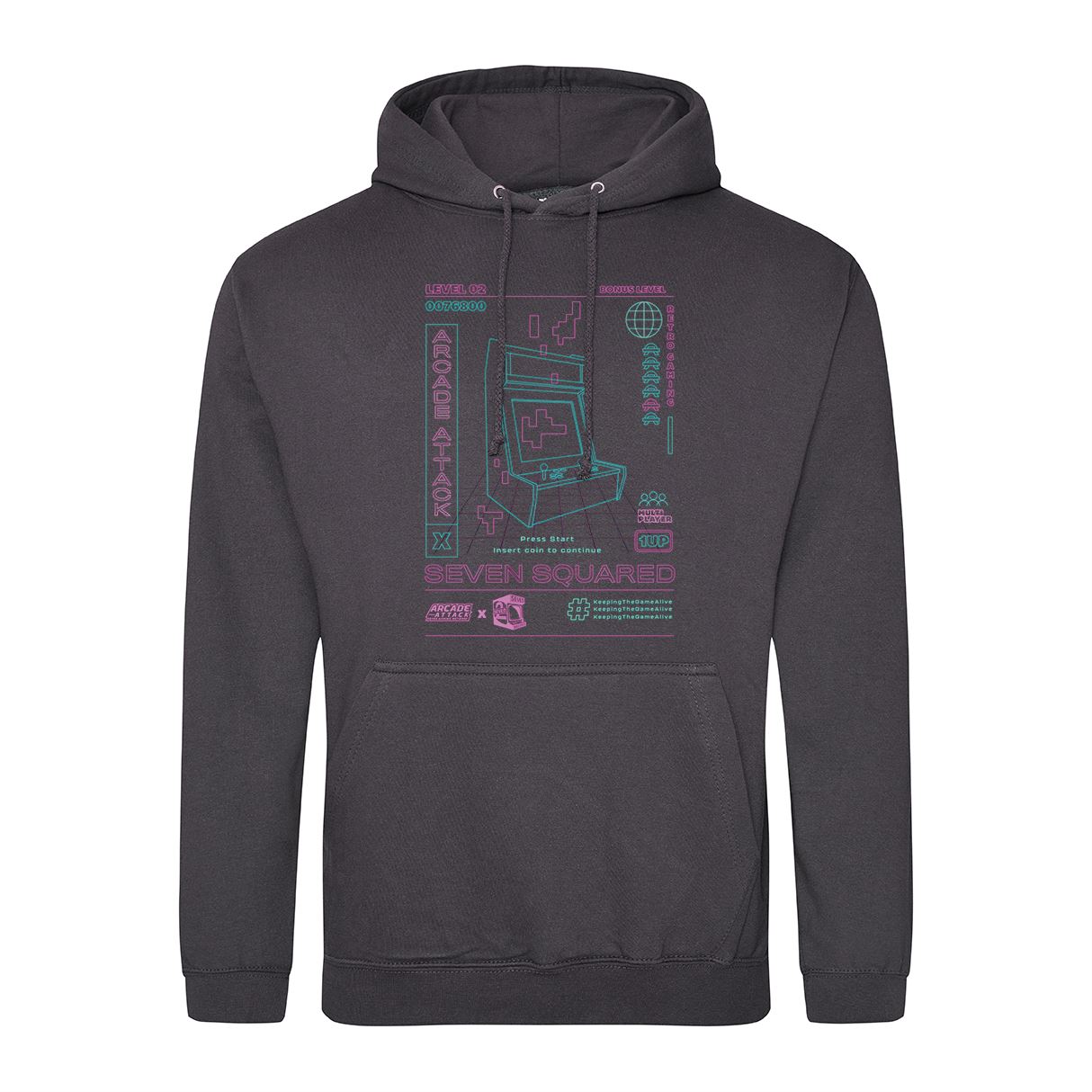 Arcade Attack Retro Gaming Hoodie Hoodie Seven Squared Small 36" Chest Storm Grey 