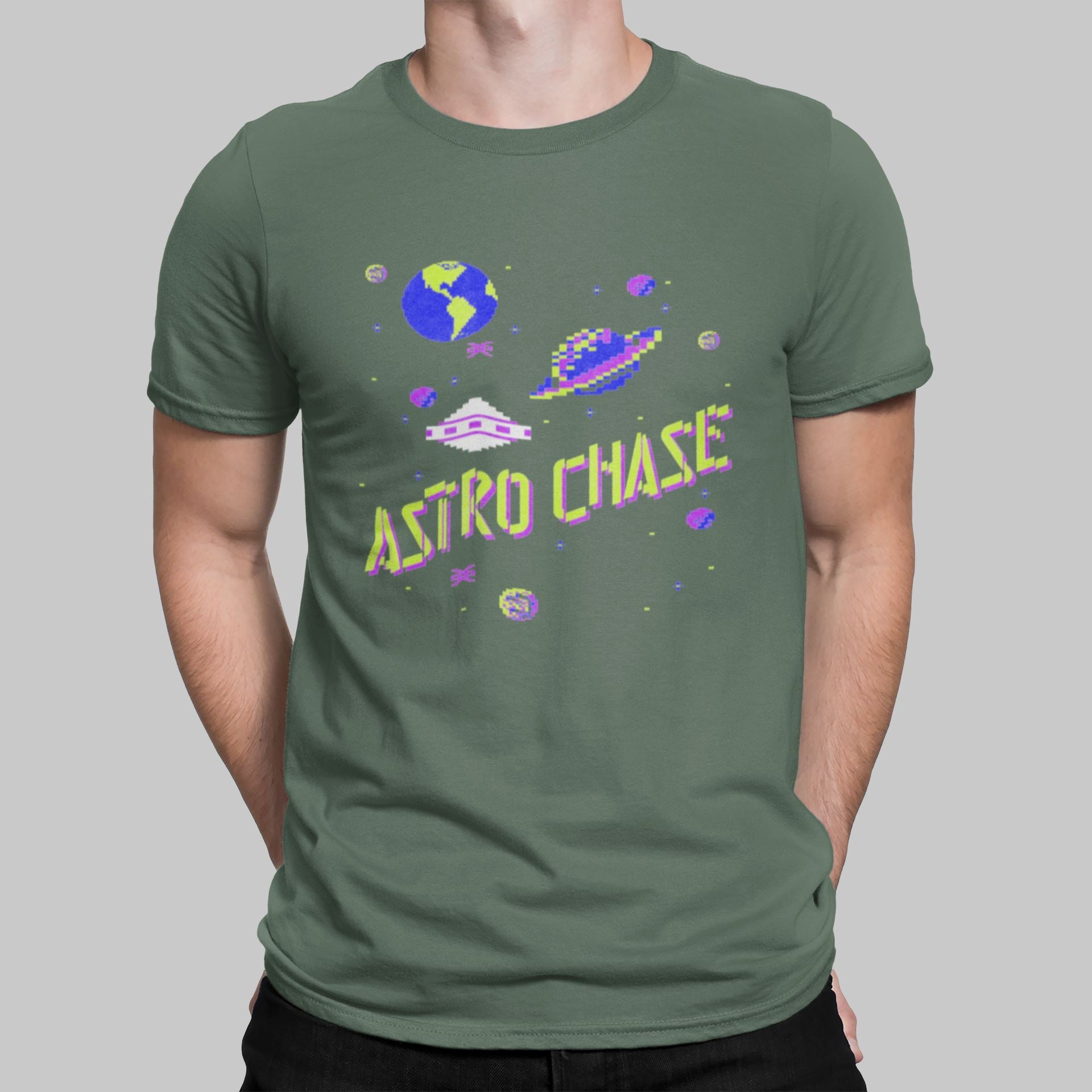 Astro Chase Retro Gaming T-Shirt T-Shirt Seven Squared Small 34-36" Military Green 