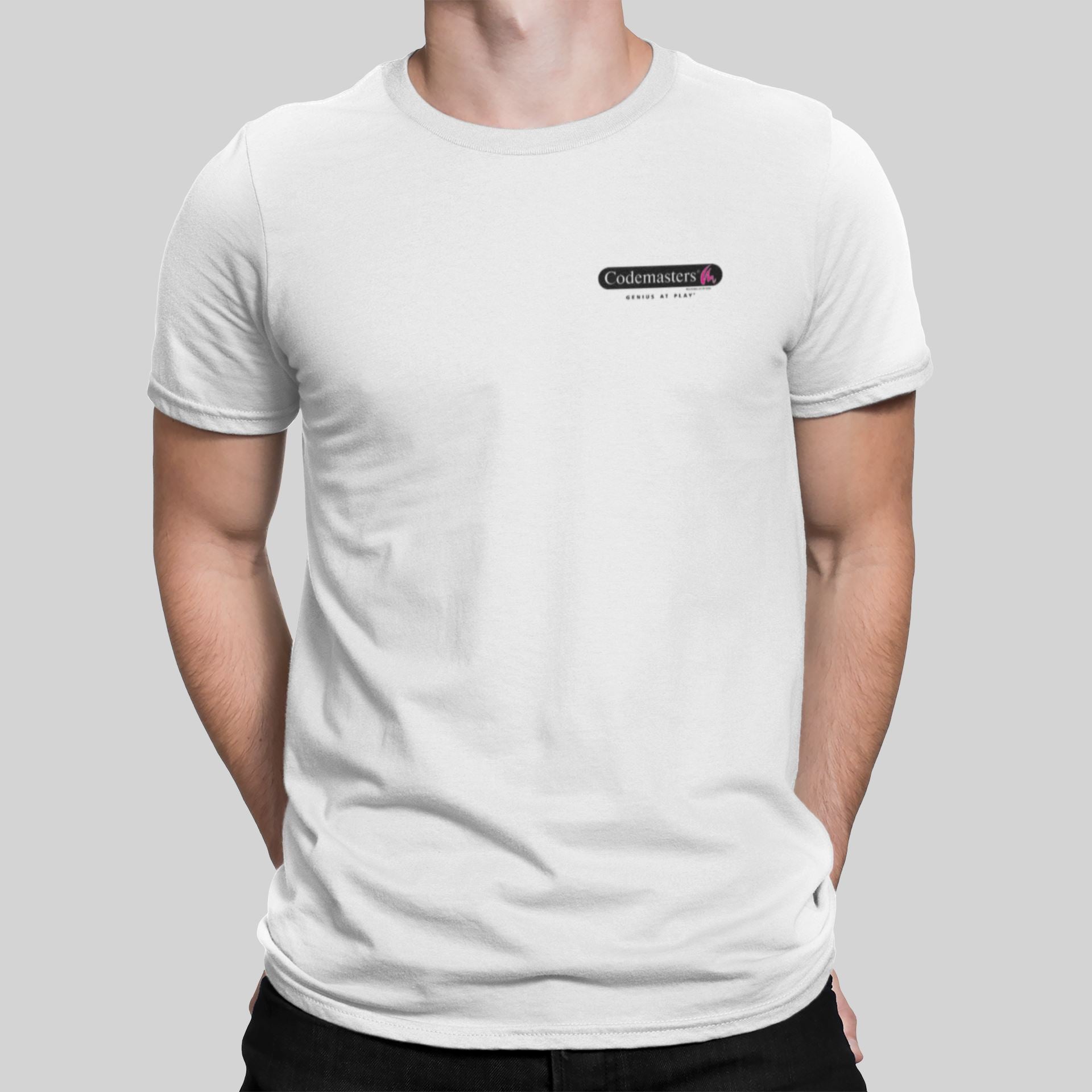 Codemasters 90's Genius at Play Pocket Logo Retro Gaming T-Shirt (SIOW Edition) T-Shirt Seven Squared Small 34-36" White 