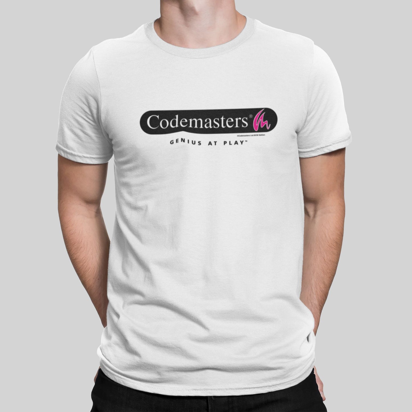 Codemasters 90's Genius at Play Logo Retro Gaming T-Shirt (SIOW Edition) T-Shirt Seven Squared Small 34-36" White 