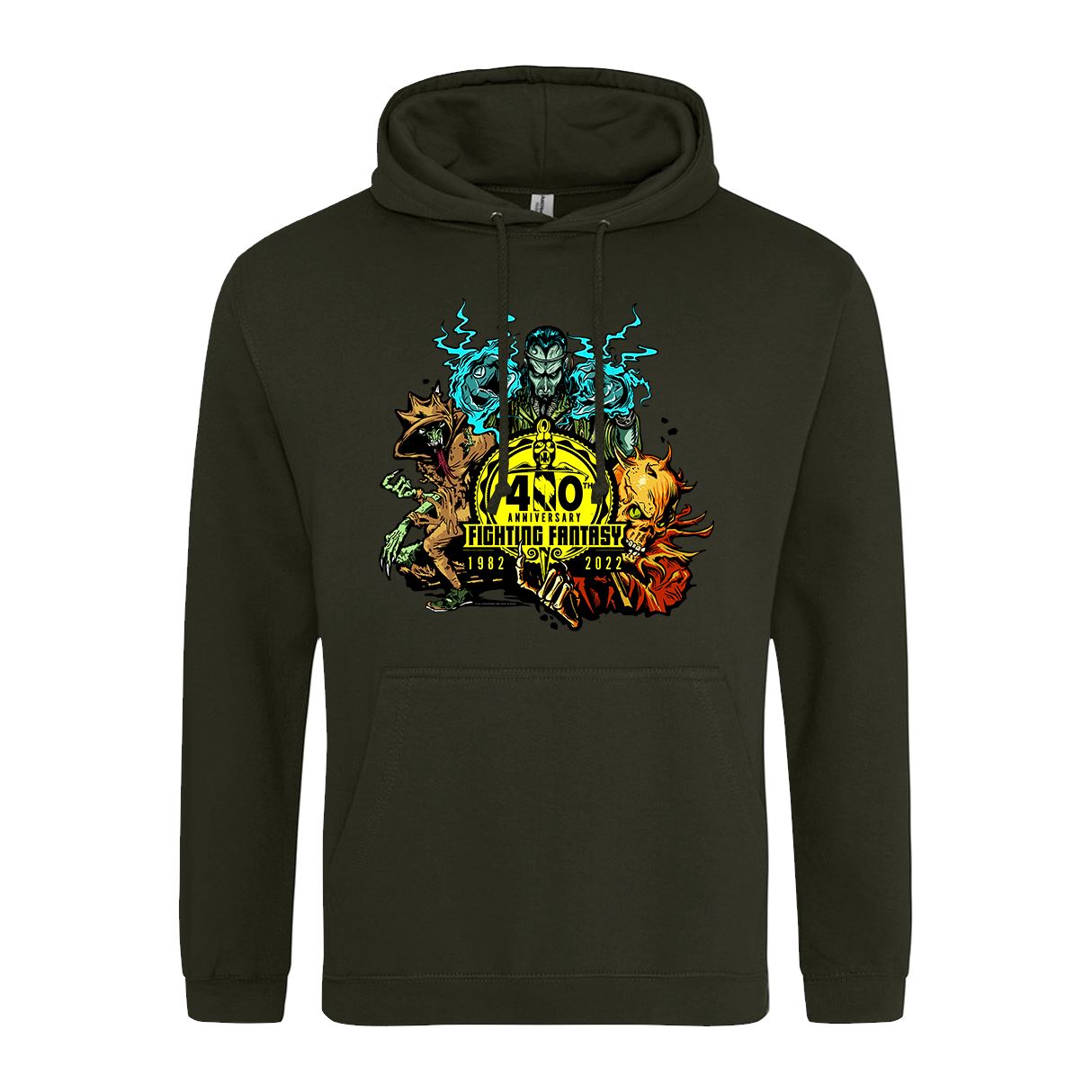 Fighting Fantasy 40th Anniversary Retro Gaming Hoodie Hoodie Seven Squared Small 36" Chest Combat Green 