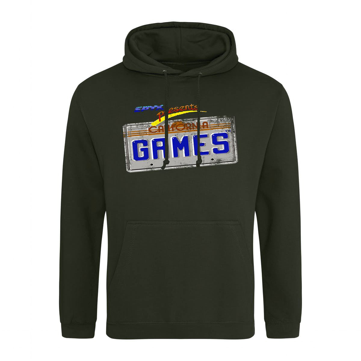 California Games Plate Retro Gaming Hoodie Hoodie Seven Squared Small 36" Chest Combat Green 