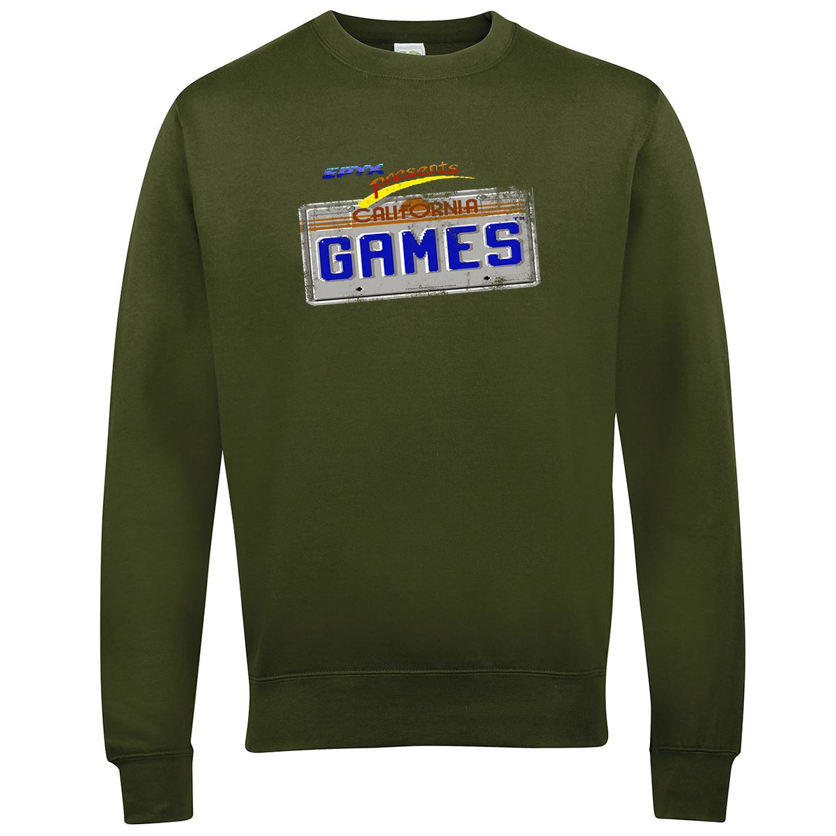 California Games 'License Plate' Retro Gaming Sweatshirt Sweatshirt Seven Squared Small Olive Green 