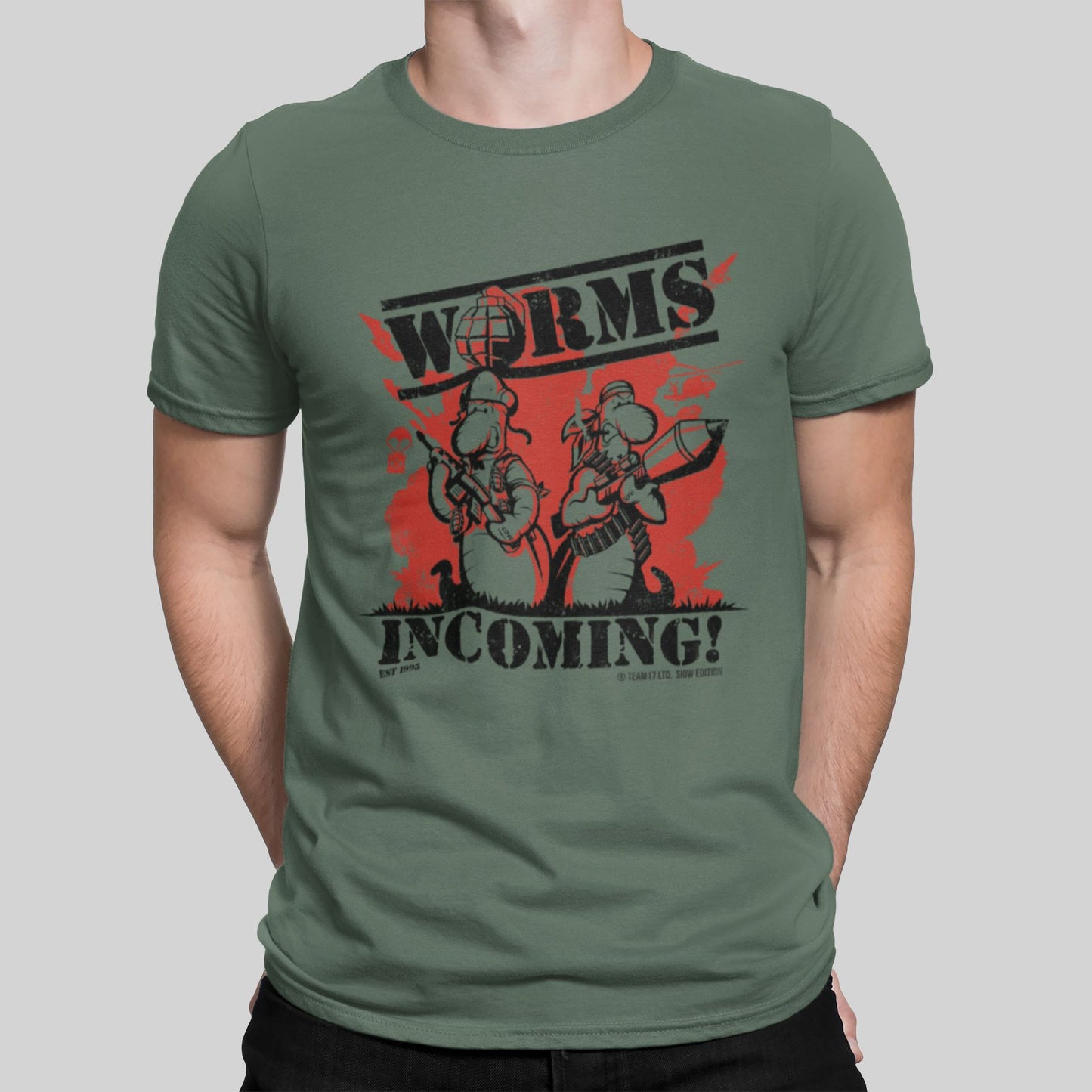 WORMS Incoming Retro Gaming T-Shirt (SIOW Edition) T-Shirt Seven Squared Small 34-36" Military Green 