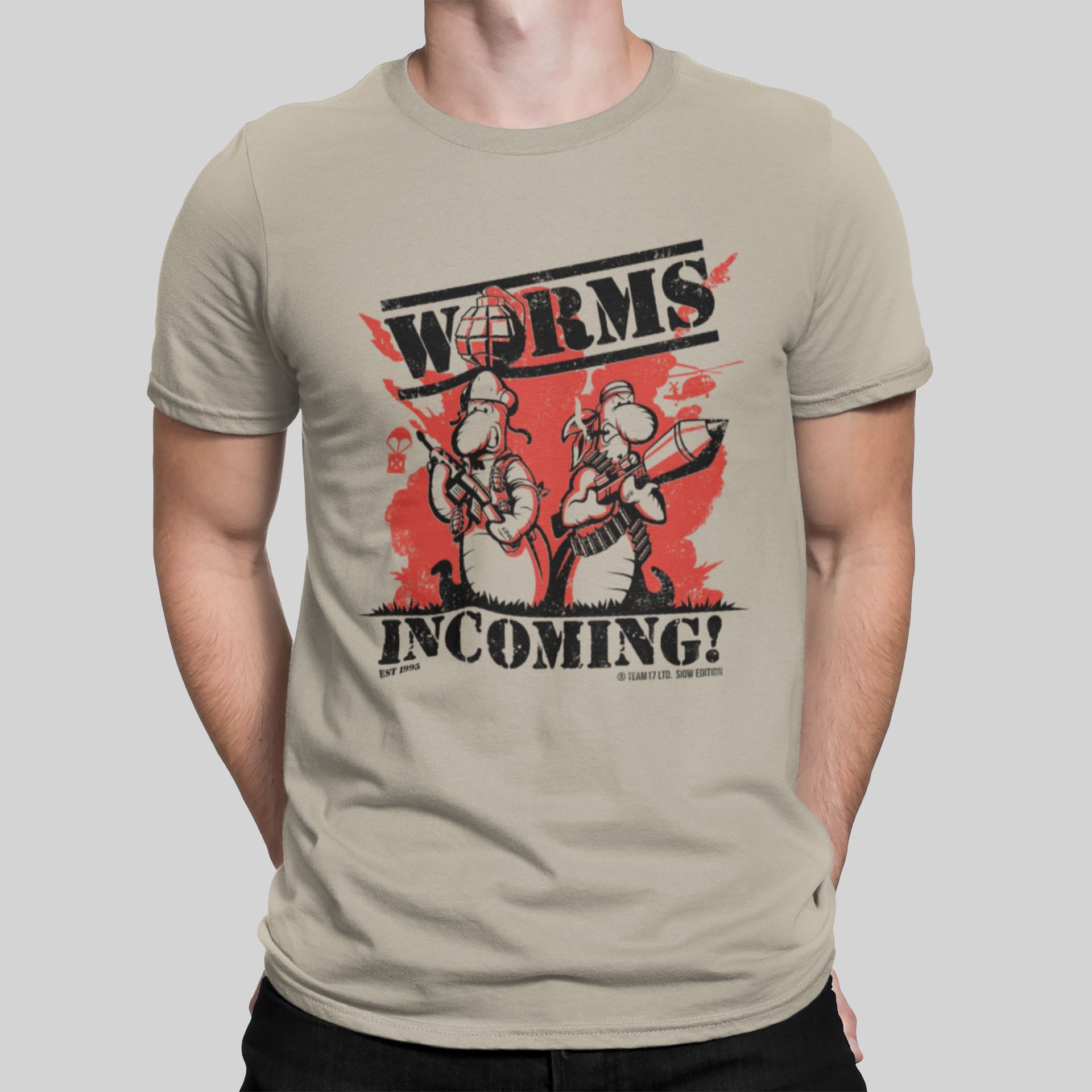 WORMS Incoming Retro Gaming T-Shirt (SIOW Edition) T-Shirt Seven Squared Small 34-36" Sand 