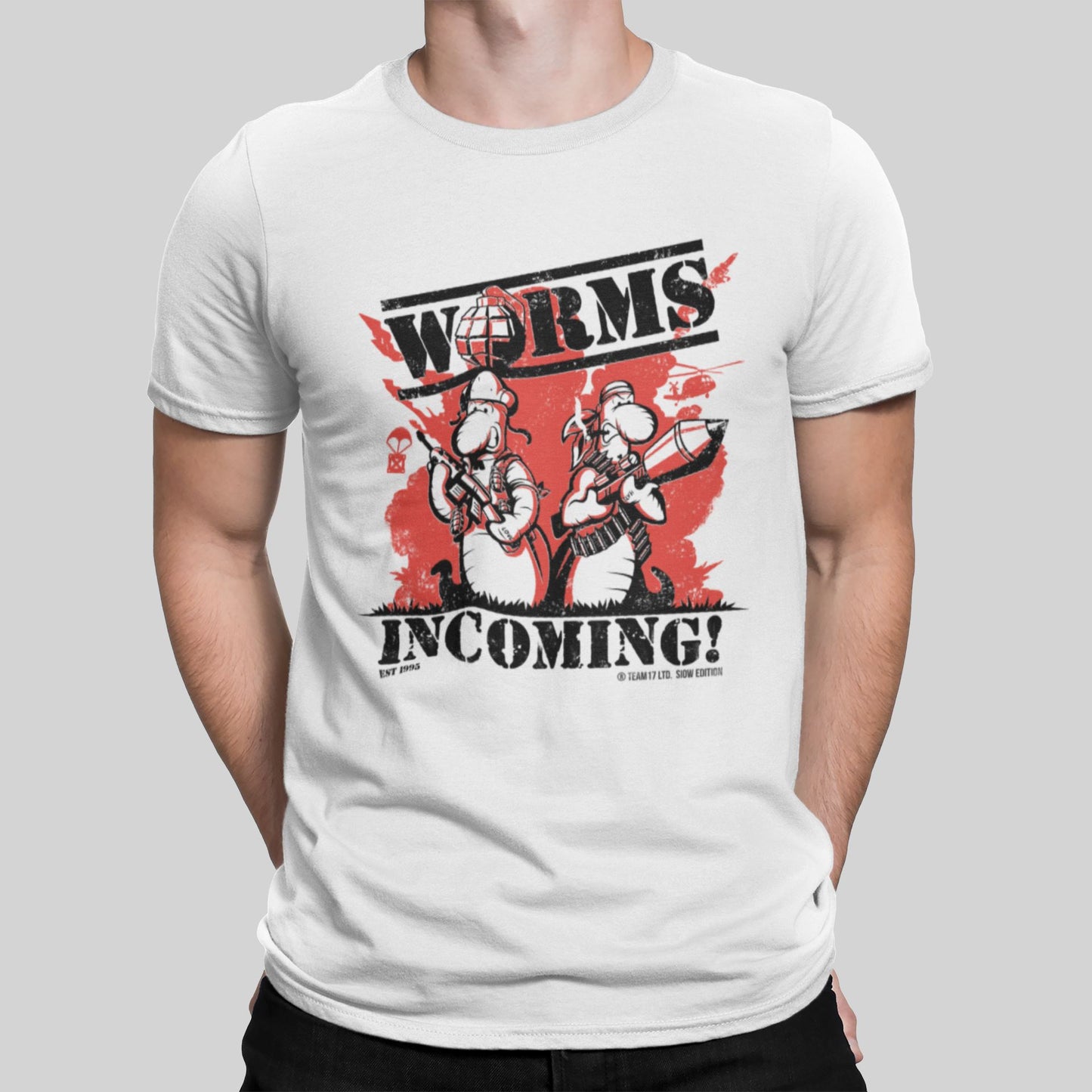 WORMS Incoming Retro Gaming T-Shirt (SIOW Edition) T-Shirt Seven Squared Small 34-36" White 